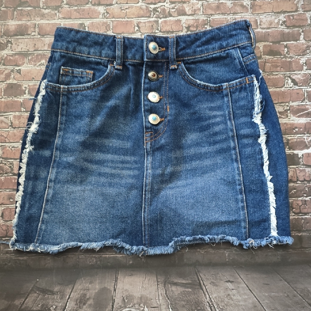 Zara Blue Distressed Button-Front Denim Mini Skirt